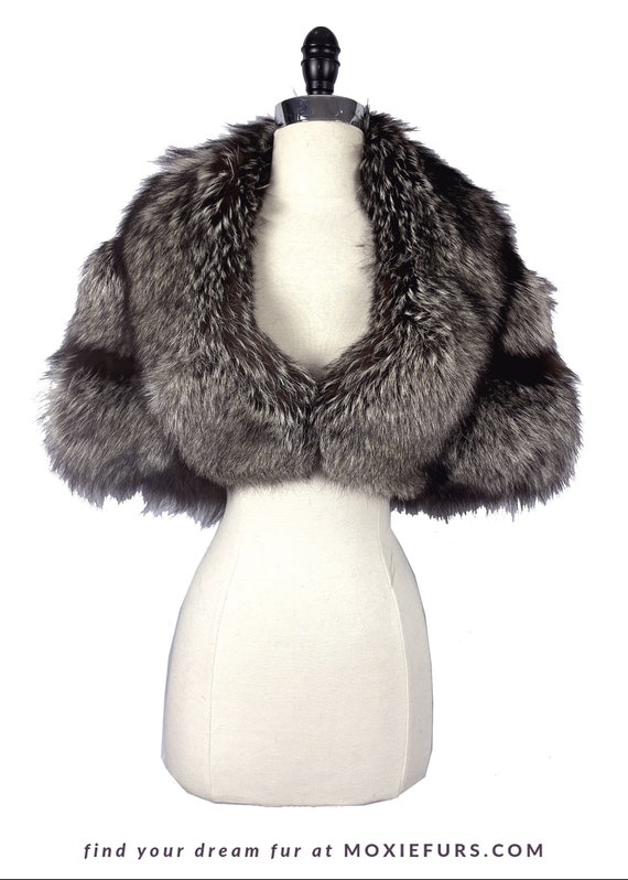 Silver FOX Fur Cape, Brown Bridal Party Stole, Bla