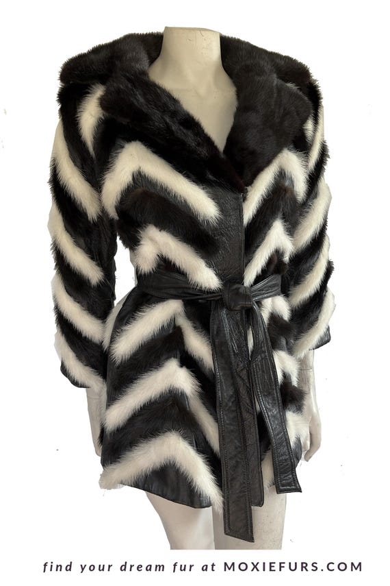 Vintage MINK Fur Coat, Leather Belt Retro Jacket, 1970s Ivory Brown Black, Almost Famous, Wedding Bridal Stole, Mob Wife Style Gift