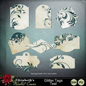 Digital Tags Glitter Teal Colors Junk Journal Printable Vintage Shabby Ephemera Tag