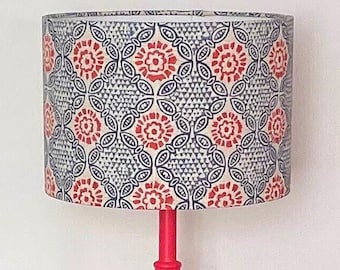 Block Print Lampshade, Red Starburst Geometric Cotton, Indian Ikat Style Pendant Light, Blue Lampshade