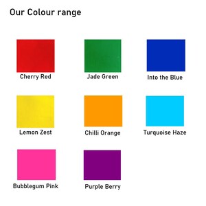 May include: A chart showing a color range with the names of each color: Cherry Red, Jade Green, Into the Blue, Lemon Zest, Chilli Orange, Turquoise Haze, Bubblegum Pink, and Purple Berry.