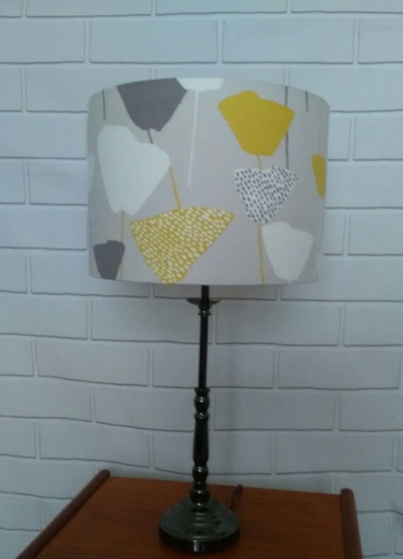 Elin Yellow Tulips Flowers Grey White Scandi John Lewis Fabric Drum Handmade Lampshade Ceiling Pendant Table Lamp Housewarming Gift