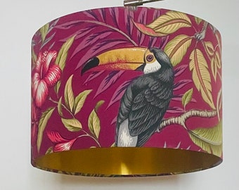 Toucan Bird Lampshade, Red Tropical Botanical Lamp with Gold Lining