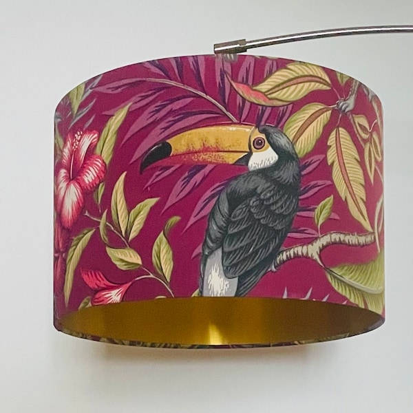 TOUCAN BIRD Lampshade in Red with Gold Lining, Toucan Lamp, Tropical Lampshade, Botanical Lamp, Table Lamp, Monkey Lampshade, Ceiling Light