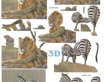 Feuille a découper, format a4, pour carte 3d, le suh 4169.598, lion, zèbre, savane, animal sauvage, Afrique