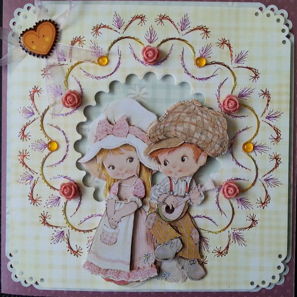 Carte faite main, "Jeune couple d'enfant country"