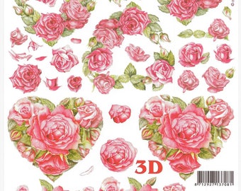 Feuille a découper, format a4, pour carte 3d, le suh 8215.704, roses, bouquet, coeur, saint valentin, fiancailles, mariage, anniversaire,