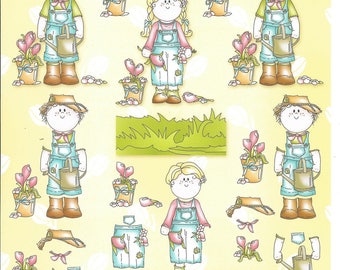 Cutting sheet, A4 format, for 3d card, le crea design 50.8640 leane de graaf, child, gardening, crocus, spring, girl, boy