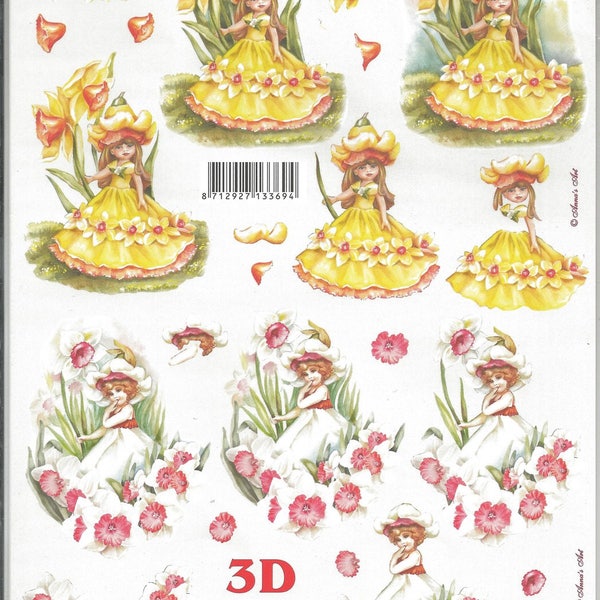 Feuille a découper, format a4, pour carte 3d, le suh 8215.598, fée clochette, elfe, fleur, printemps, jonquille, narcisse, enfant,