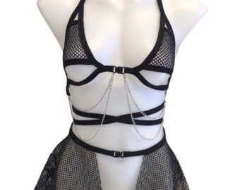 Black Fishnet Rave Set | Chain Cage Top, Ultra Mini Skirt