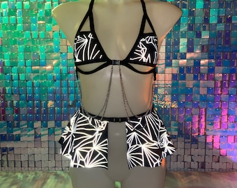 REFRACTION | REFLECTIVE | Chain Cage Top + Ultra Mini Buckle Skirt, Women&#39;s Festival Outfit, Rave Set