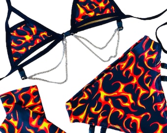 Flame Print Rave Set: Chain Cage Top, High Cut Bottoms, Mask & Gloves