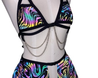 Iridescent Rainbow Jewels Body Chain Bralette Top Bead Cage Chain Bra&Skirt Set 