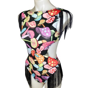 Mushroom Print Rave Bodysuit: Cut-Out Fringe Spandex