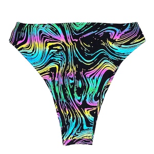 May include: Black swimsuit with a colourful swirl pattern. The pattern is iridescent and features shades of pink, blue, green, and yellow.