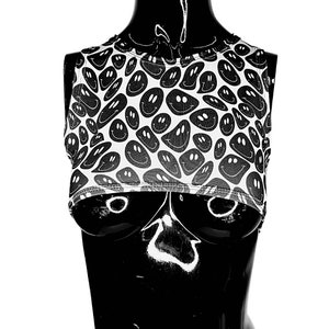 Black and White Smiley Face Crop Top: Rave Festival Wear