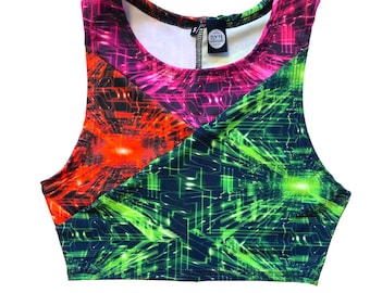 Tri Color Cyber Grid Crop Top: UV Glow Rave Festival Top