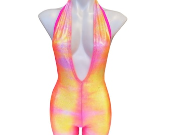 FESTIE BESTIE | Pink/Orange Holographic Playsuit | Halter Romper | Festival Outfit | Rave Jumpsuit | Boho