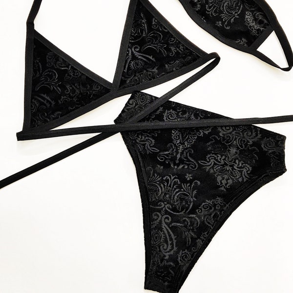 Black Velvet Set includes high waisted high cut bottoms and matching triangle top with face mask