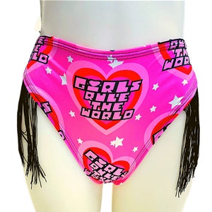 GIRLS RULE | Fringe High Waisted High Cut Bottoms, Festival Bottoms, Rave Bottoms, Black Rave Outfit