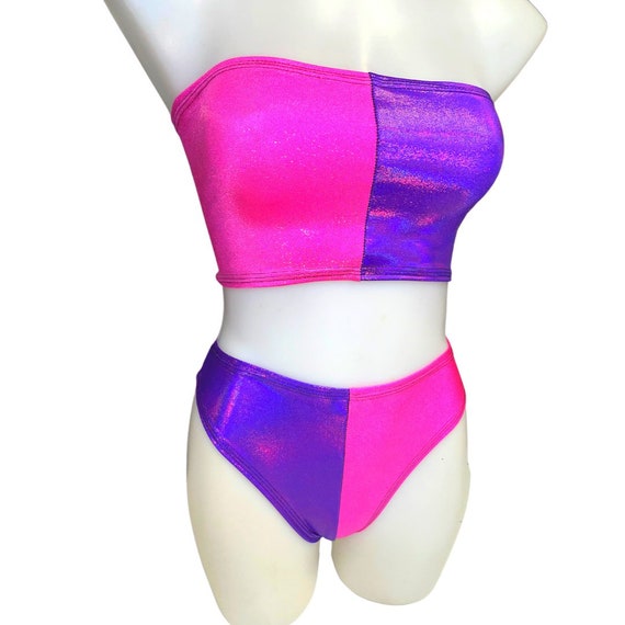 CHESHIRE CAT Tube Top High Waisted High Cut Bottoms Women s Festival Outfit Rave Set Alice in Wonderland Costume Pink and Purple Etsy UK
