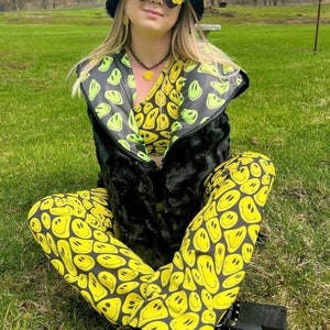 Yellow Smiley Face Flare Bell Bottom Pants: UV Reactive Rave Festival Bottoms