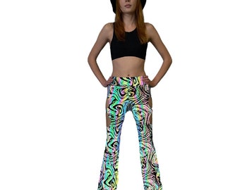 OIL SPILL FLARES| Cut Out Reflective Flare Bell Bottom Pants, Festival Bottoms, Rave Pants, Yoga Pants