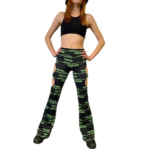 Green Techno Cut Out Flare Bell Bottom Rave Pants
