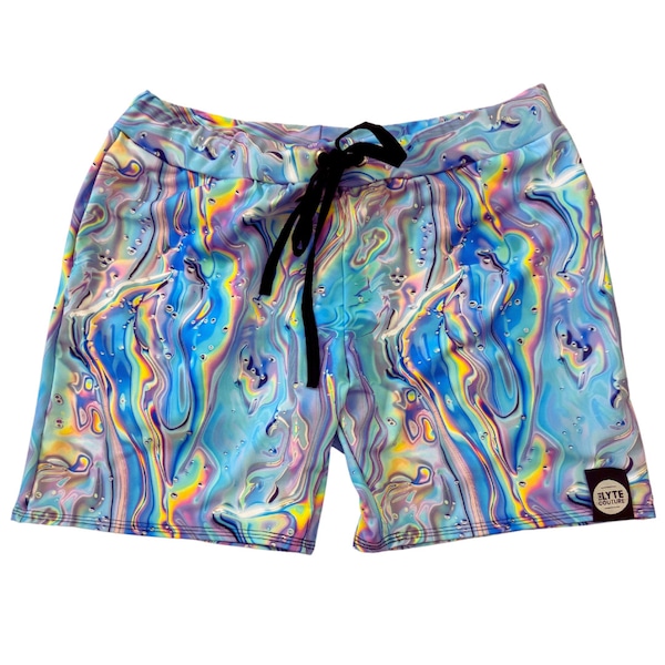 Pantalones cortos para festivales Liquid Wave para hombre: pantalones cortos de licra con cordón ajustable para rave