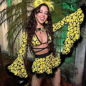 YELLOW HAPPY | Cascade Bell Sleeve with Fluff Buckle Top, Women's Festival Top, Rave Top, Long Sleeve Cover Up, Rave Outfit
