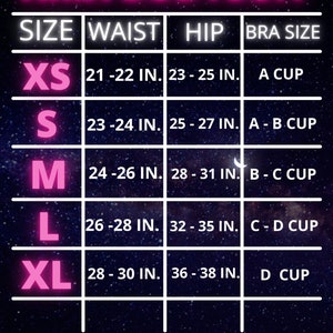 Puede incluir: Tabla de tallas para un body con medidas en pulgadas para la cintura, la cadera y la talla de sujetador. Las tallas son XS, S, M, L y XL.
