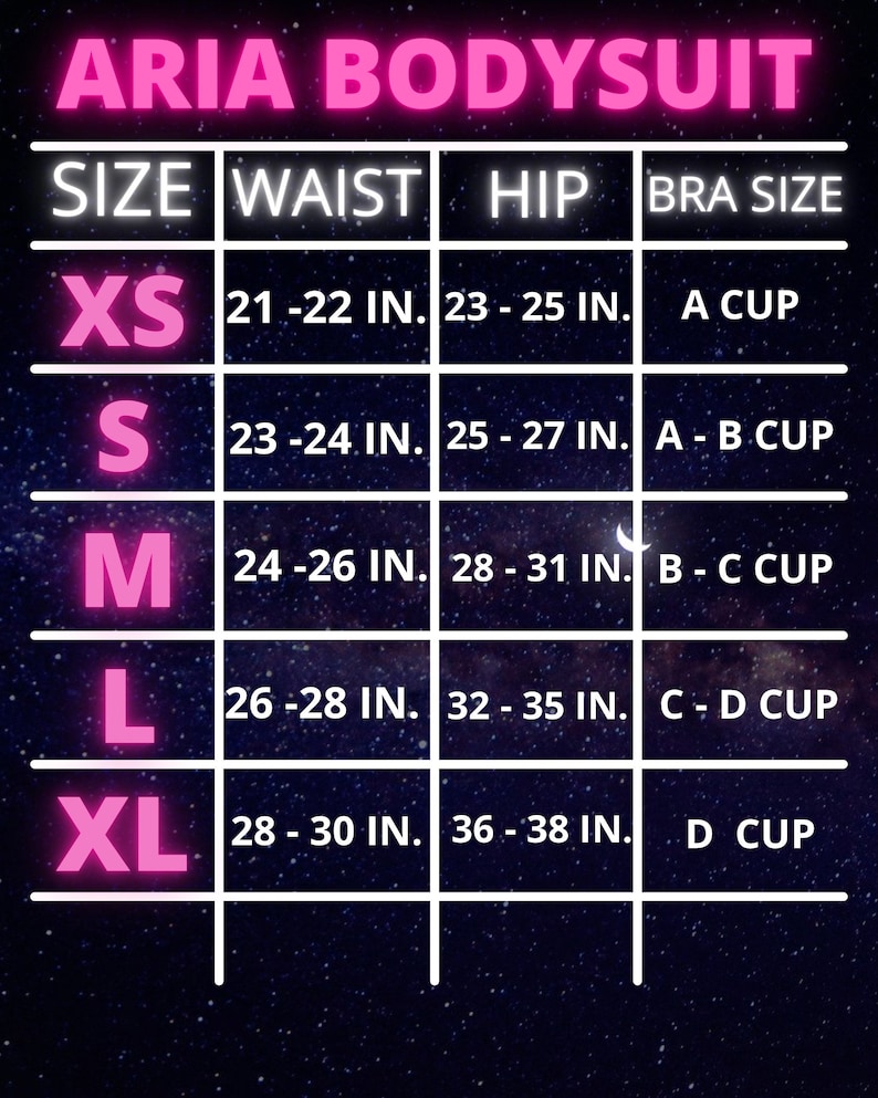 Puede incluir: Tabla de tallas para un body con medidas en pulgadas para la cintura, la cadera y la talla de sujetador. Las tallas son XS, S, M, L y XL.