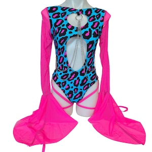 BLUE CHEETAH | Aria Cut-Out Cascade Bell Sleeve Bodysuit  Mesh, Chain Detail and Leg Ties