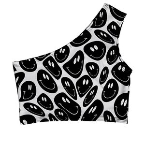 Black and White Smiley Face One-Shoulder Crop Top: Rave Festival Wear