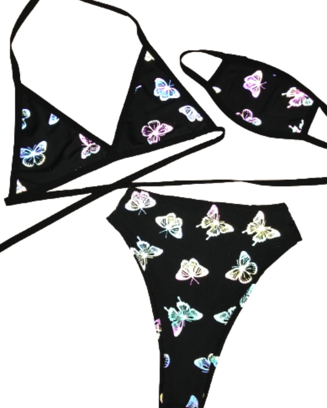 Reflective Butterfly Rave Set: Triangle Top, High Waist Bottoms, Mask ...