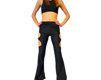 Black Cut Out Flare Pants: Festival Rave Bell Bottoms