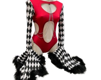 HARLEY | Aria Cut-Out Cascade Bell Sleeve Bodysuit with Fluff and Chain Detail