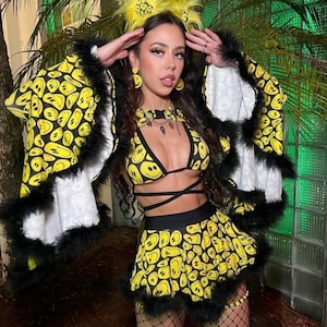 Yellow Smiley Face Rave Outfit: Asymmetrical Skirt & Festival Top