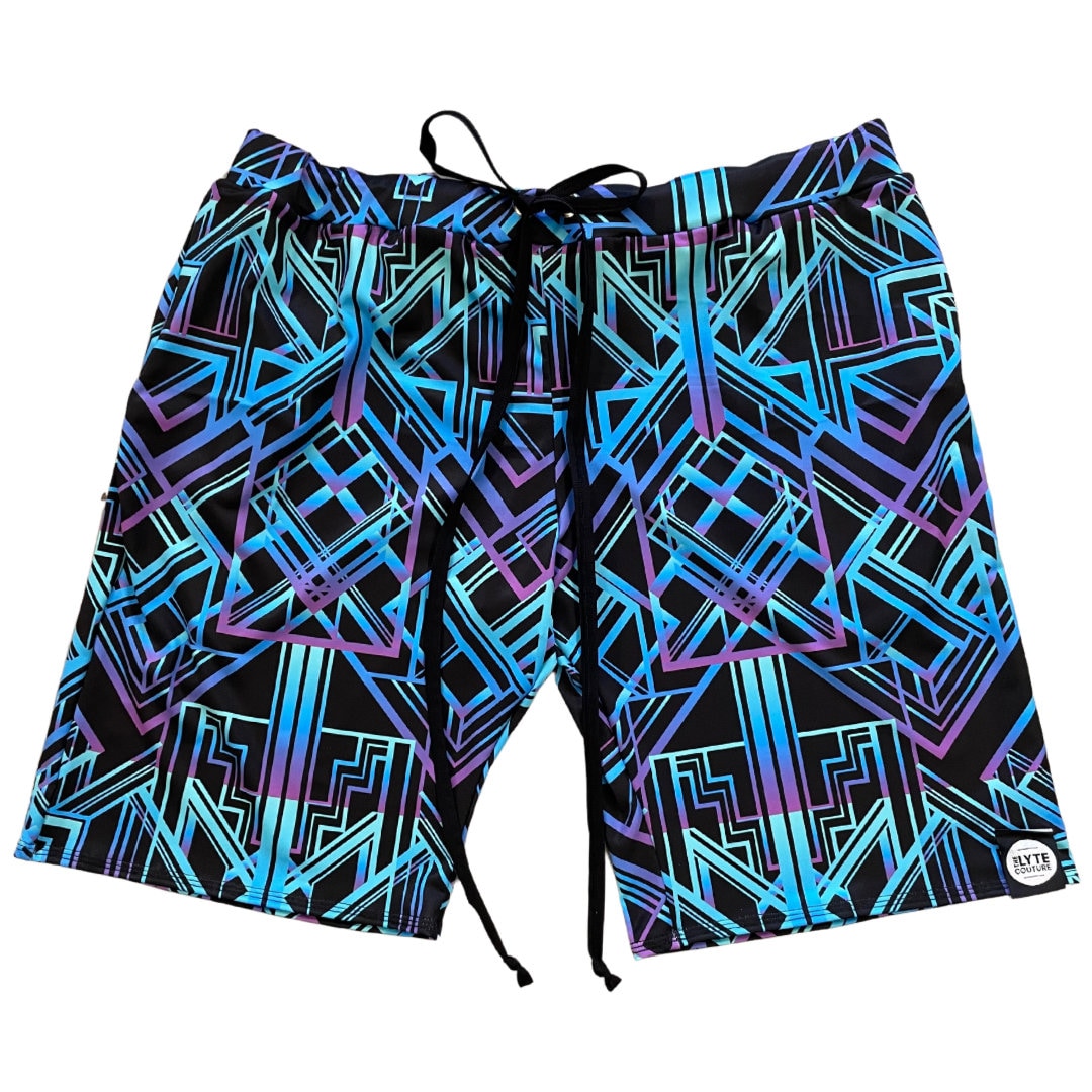 Geometric Print Men's Festival Shorts: Spandex Rave Drawstring