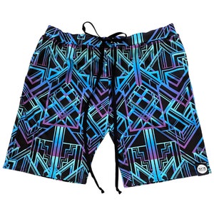 Geometric Print Men&#39;s Festival Shorts: Spandex Rave Drawstring Shorts