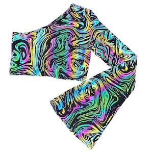 Reflective Oil Spill One Shoulder Bell Sleeve Top: Rave Festival Wear