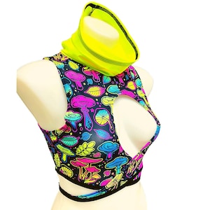 ELECTRIC MUSHROOM |  cowl Neck Crop Top With Wrap Front, Women&#39;s Festival Top, Rave Top