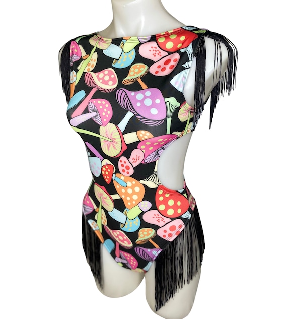 Mushroom Print Rave Bodysuit: Cut-Out Fringe Spandex