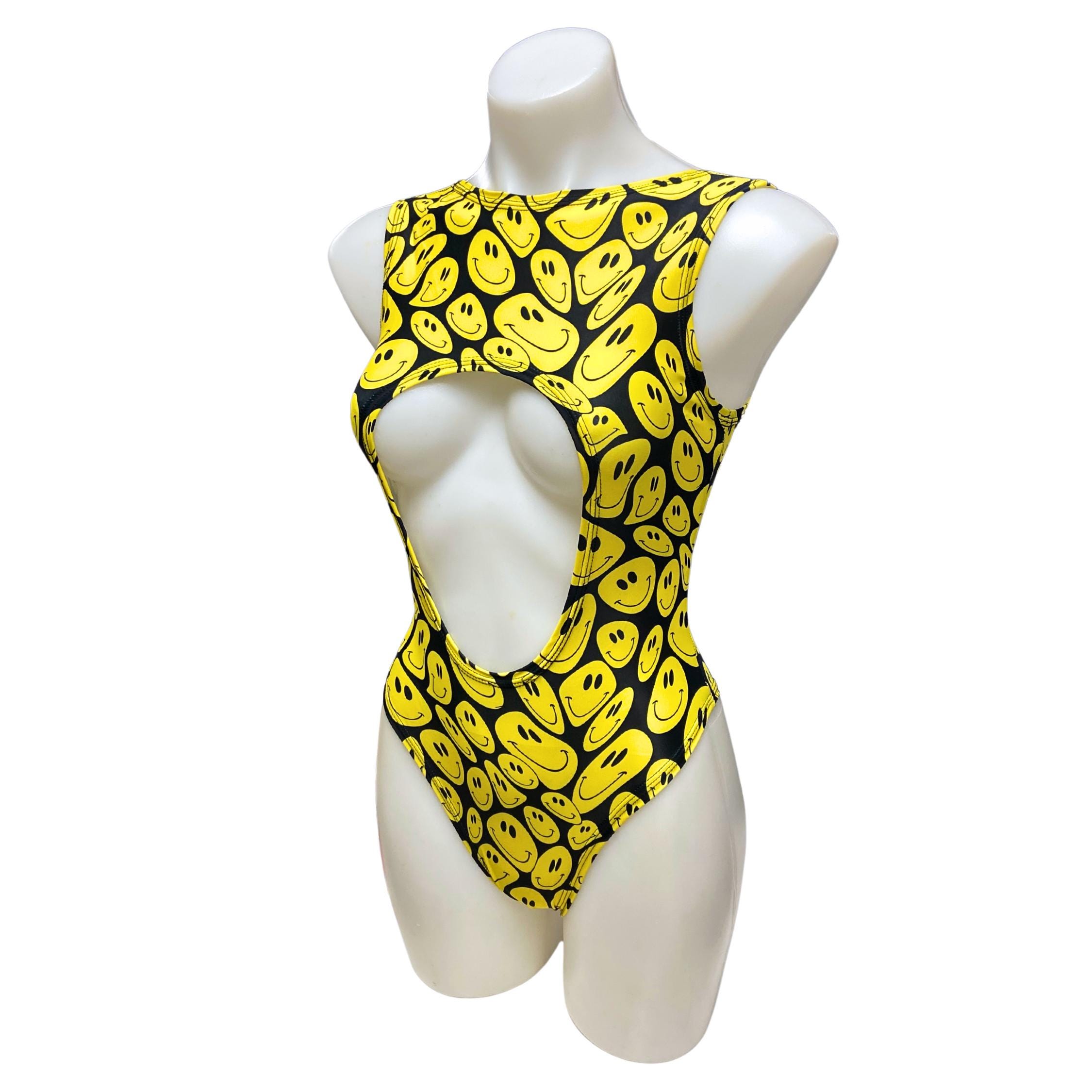 Yellow Smiley Face Bodysuit: Rave Festival Cut-Out Playsuit
