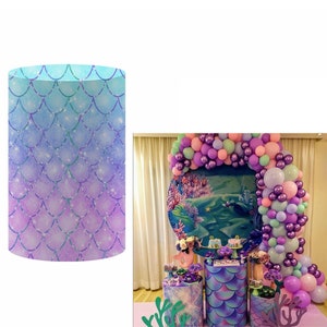 Mermaid Glitter Scales Cylinder Cover Girls Princess Underwater Plinth Cover Pedestal Cover Baby Shower Birthday Party Cake Table Decor Prop