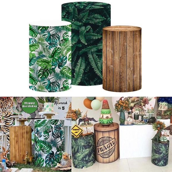 Cylinder Covers for Jungle Safari Dino Birthday Party Green Leaves Wooden Pedestal Stand Covers Kids Baby Shower Parties Tablecloth Decors