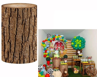 Cylinder Plinth Cover with Elastic Band,Jungle Forest Old Wood Stump Cow Farm Pedestal Covers,Baby Shower Birthday Dessert Cake Table Banner