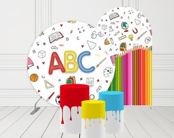 Couvertures de toile de fond en arc pour l'école ABC Crayons Décorations de fête de remise des diplômes Piédestal rond Couverture de support pour baby shower Banquets de fêtes