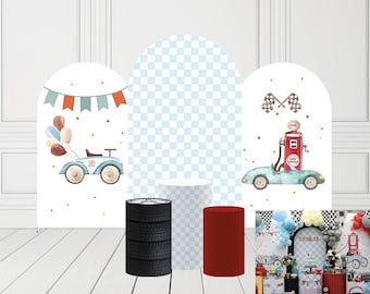 Blue Checkered Arch Backdrop Covers for Racing Car Birthday Party Pedestal Cylinder Pillars Cover Kids Baby Shower Parties Tablecloth Decors