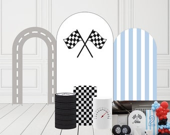 Blue Stripes Arch Backdrop Covers for Racing Car Flags Birthday Party Pedestal Cylinder Cover Kids Baby Shower Parties Tablecloth Decors